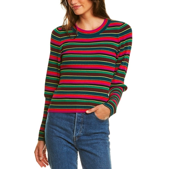 Milly Stripe Puff Sleeve Rib Knit Pullover Candycane Holiday Sweater Top - Picture 2 of 13